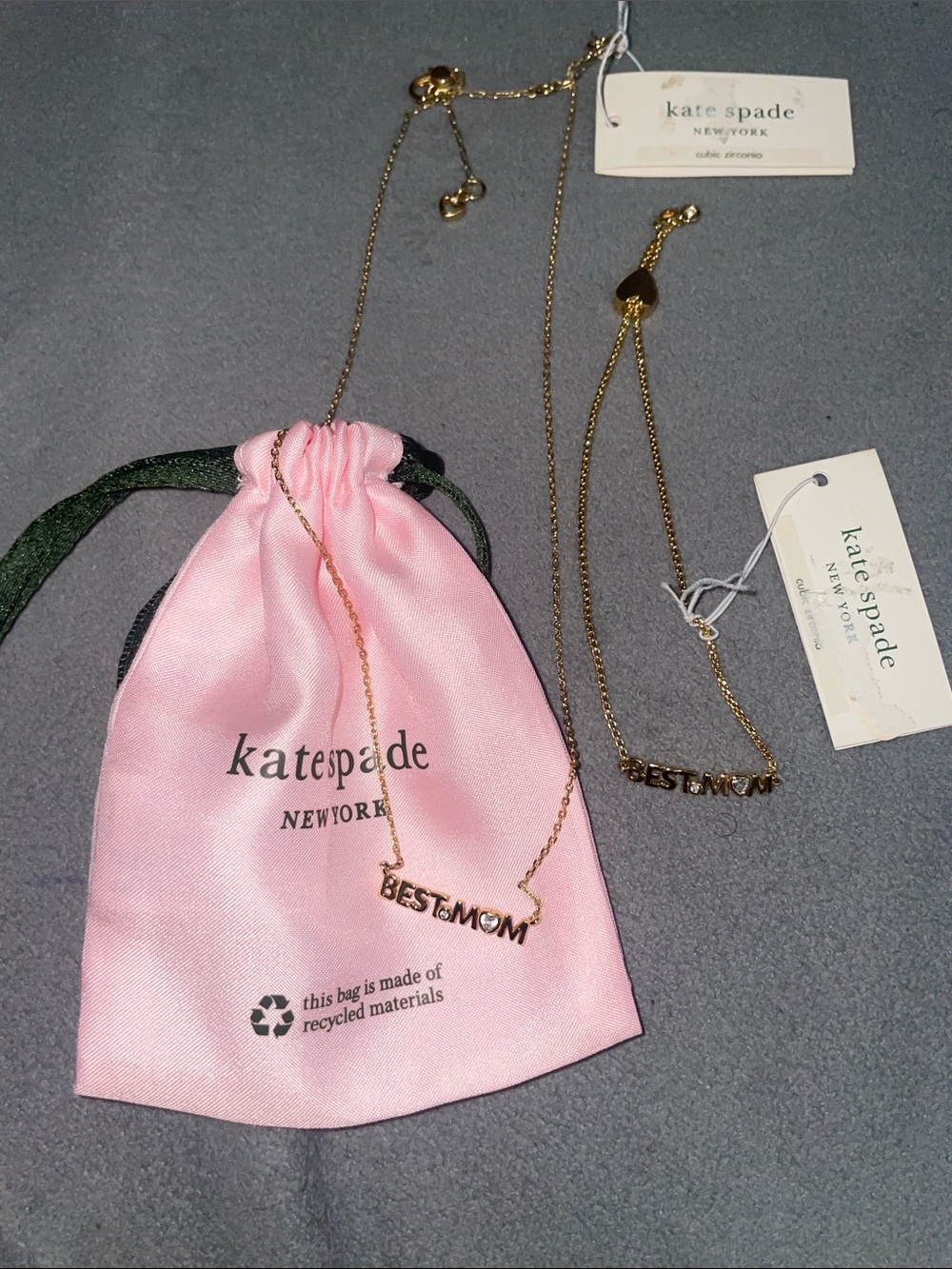 kate spade gold-tone "BEST MOM" Necklace and bracelet with Pink Drawstring Pouch